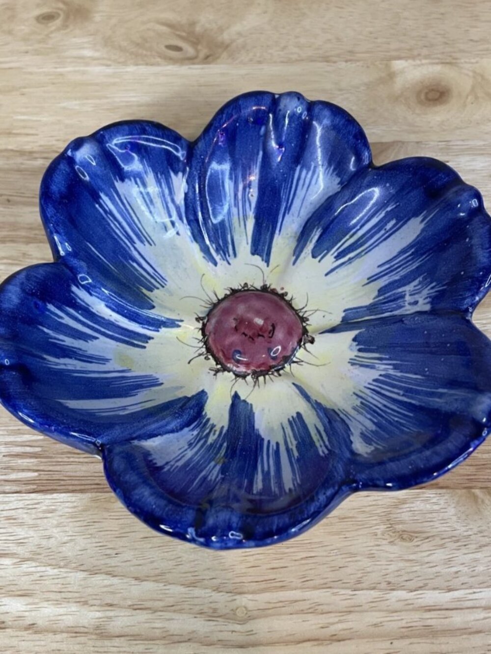Vintage Italy Hand Painted Pansy Flower Ceramic Bowl Blue White Red 6”
